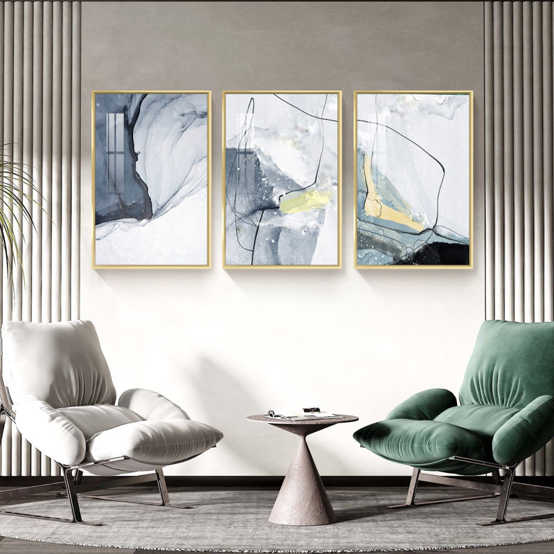 Abstrait aluminium encadré, ensemble de 3 reproductions d'art encadrées sur toile, H 24,3 po x l 48,3 po x P 1,65 po, Or