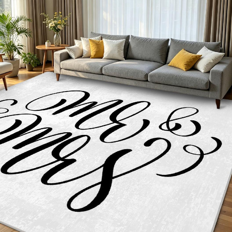 Tapis d'intérieur blanc à motif abstrait lettrage dessiné à la machine M. et Mme, Rectangle 79 po x 118 po