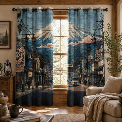 2Pcs Japanese Street Scene Mount Fuji Print Sun Blocking Curtains, Ukiyo-e Style, Vintage Urban Landscape Artwork, Thermal Insulated for Living Room Home Decor for Home Dector