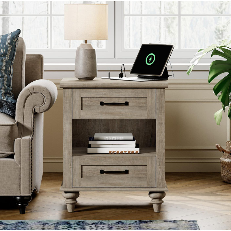 Endymion - Ensemble de table de bout avec tiroirs et prises encastrées, 1, Grey