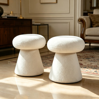 2 Pieces Mushroom Ottoman Footstool, 360° Swivel Teddy Fabric Vanity Stool with Thick Padded Seat, Upholstered Accent Stool for Living Room, Bedroom, Entryway & Makeup Room, 250 lbs Capacity