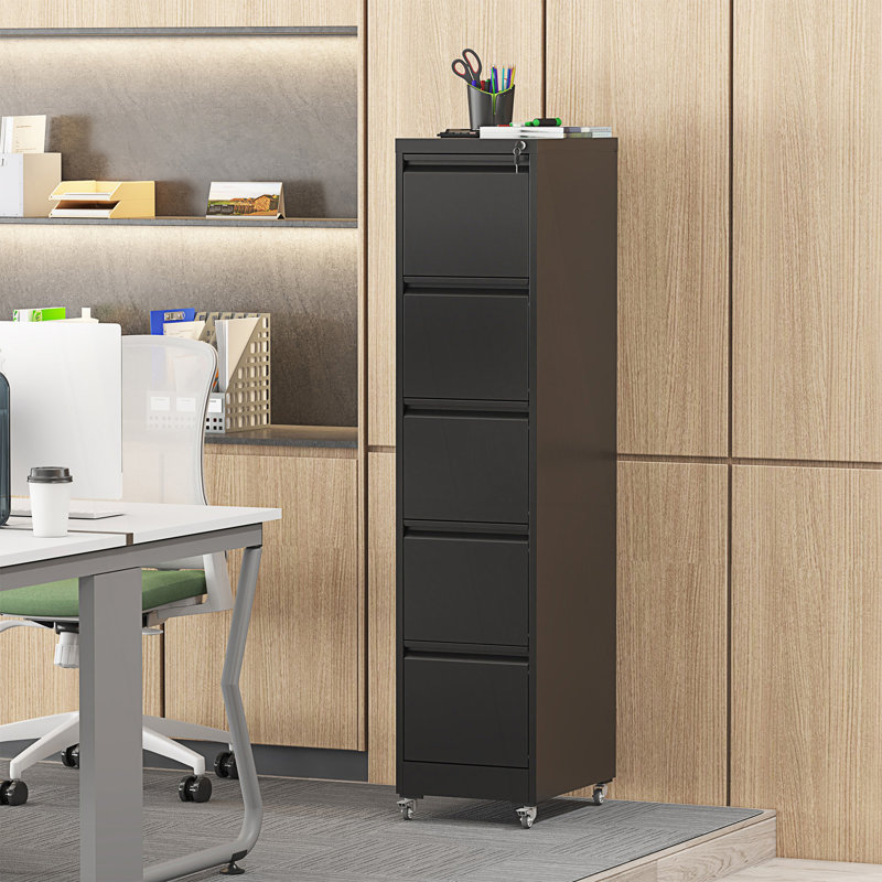 5 Drawer Metal Vertical File Cabinet With Lock On Wheels, Living Room Cabinet, Black