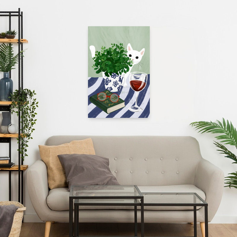 Cozy Cat, lecture, coin, chat, plante, art mural, H 24 po x l 16 po