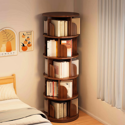 360 Rotating 5 Tier Bookshelf For Small Spaces In Bedroom, Living Room, Home - Walnut , And Multifunctional Spinning Round Home, Office Space Saving