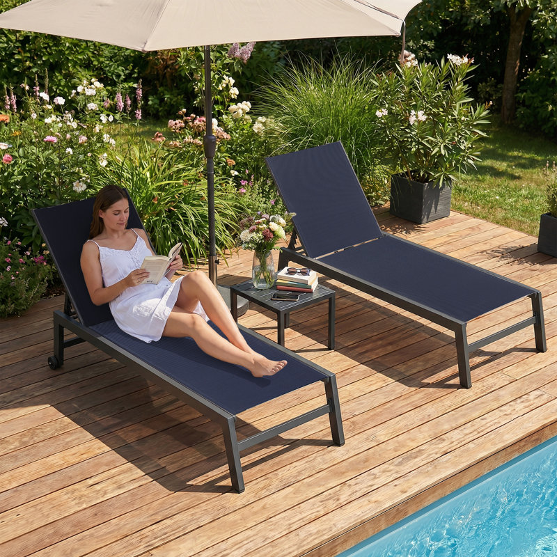 PURPLE LEAF Patio Chaise Lounge Set 2 Pieces Textilene Pool Lounge Chairs with Wheels Sunbathing Chair for Outdoor Yard (2 Navy Blue Lounges W/Side Table)
