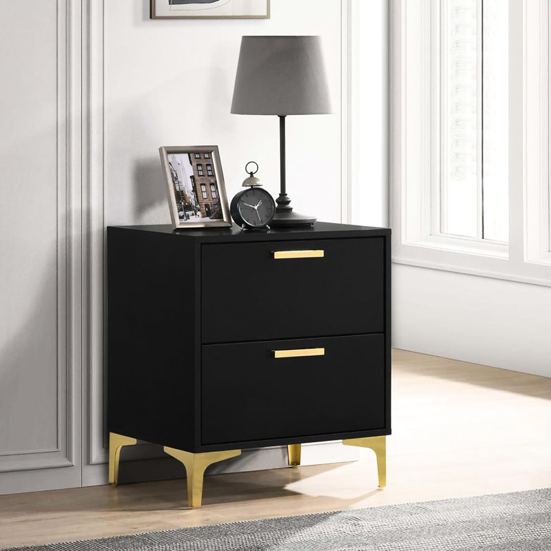 Table de chevet glamour noire et dorée - Esthétique de rangement moderne à 2 tiroirs, Noir