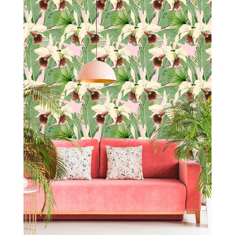 Palm Springs Floral Wallpaper Roll, Green/Pink/White/Red