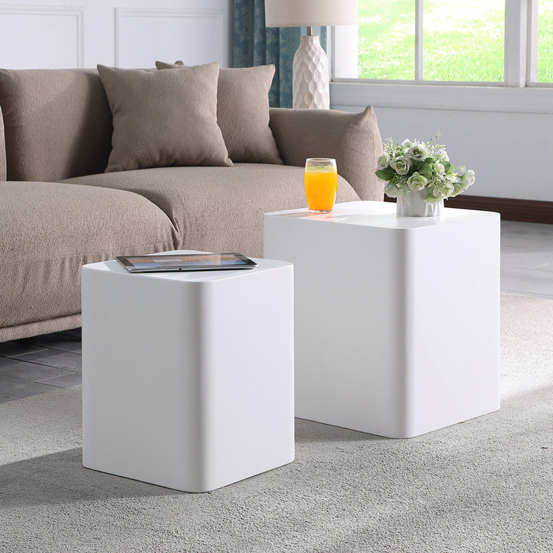  Table de bout avec table gigogne et plateau de chevet Meghal, Blanc, H 18 po x l 15,75 po x P 15,75 po