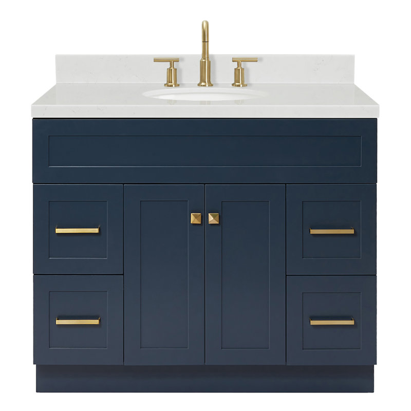Abell 42.25'' Bathroom Vanity with Carrara Quartz Top, Midnight Blue, Satin Brass