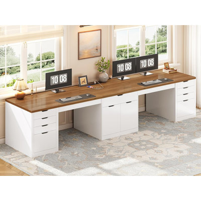Bureau pour deux personnes avec 9 tiroirs, bureau d'ordinateur long avec armoire de rangement, blanc