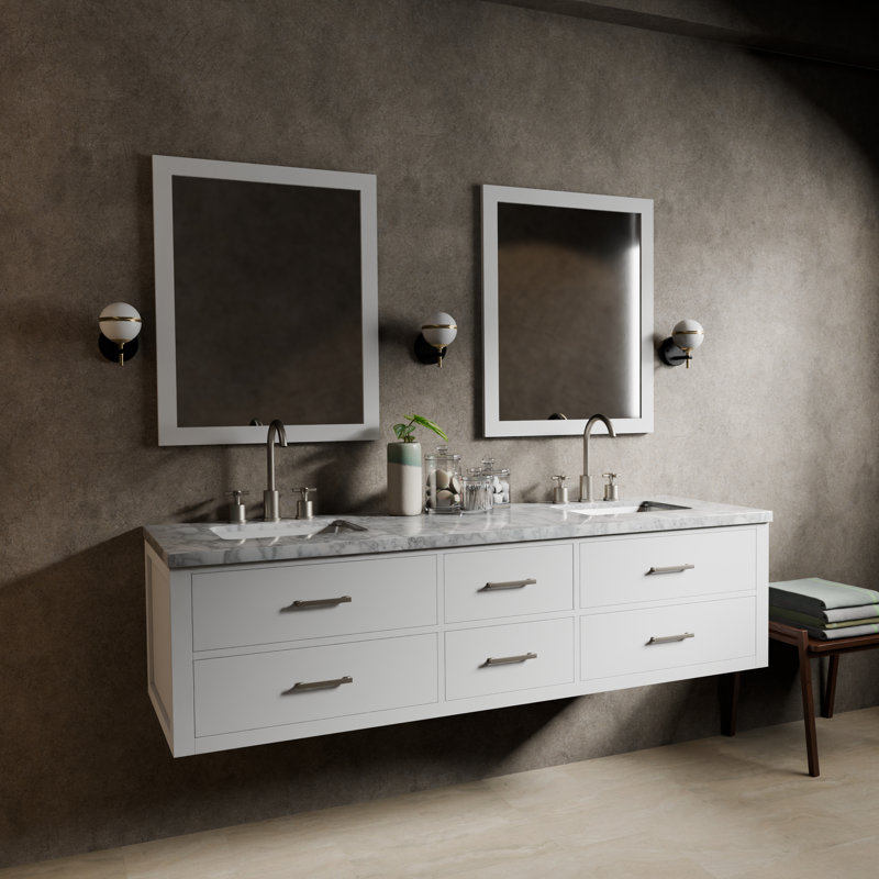 Castor 72" Wall Mounted Double Bathroom Vanity Set, White, White Carrara Marble