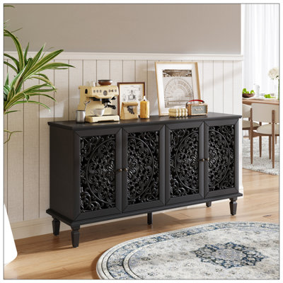 60" Antique Buffet Cabinet With Floral Carvings With Solid Wood Legs&Antique Brass Handles&Adjustable Shelves, TV Stand For 65''+ TV, Sideboard For Living Room,Dining Room (Black)