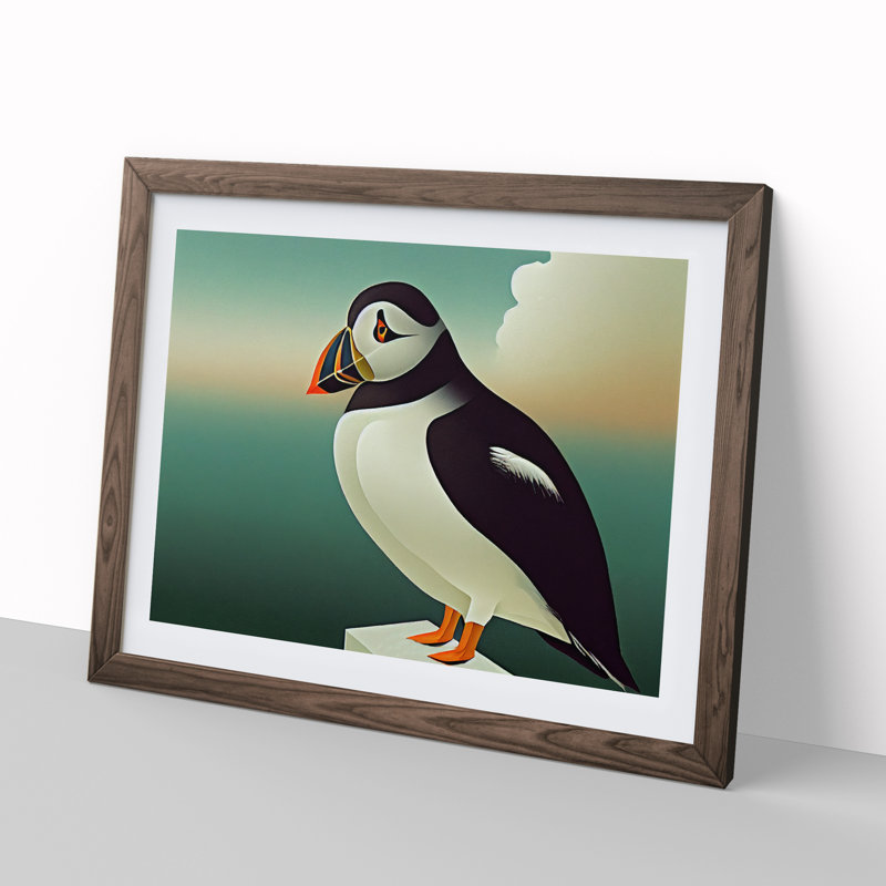 XH1022-6996X Pleasant Puffin Bird 1 Piece Single Picture Frame Wall Art, 25cm H x 34cm W x 2cm D, Walnut Framed