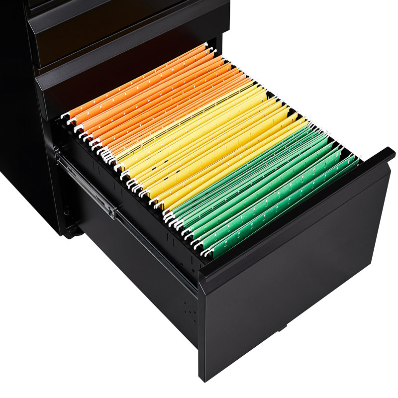 Classeur mobile noir à 3 tiroirs, solution de bureau avec serrure, 2 tiroirs à papeterie, 1 plateau à crayons, classeur à suspendre au format lettre / A4, tringles amovibles, 5 espaces de travail basculants