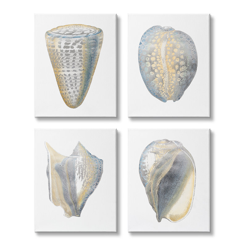 « A4-026 », le motif de coquillages marins de style minimaliste bleu est orné de 4 reproductions d’art graphique