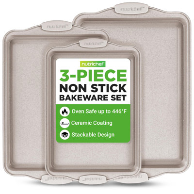 Nutrichef 3 Piece Non-Stick Cookie Sheet Tray Set With Silicone Handles For Baking (Cream Marble)
