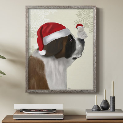 «Christmas St Bernard and Fluffy Owl», reproduction encadrée - bois massif