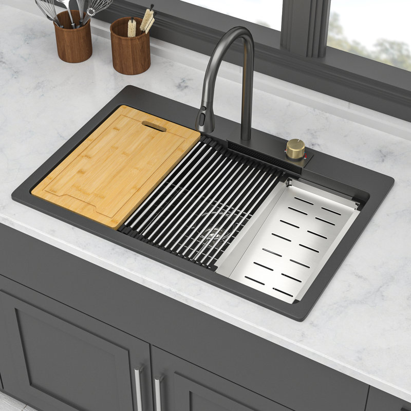 Évier de cuisine en quartz composite 33 po x 22 po avec cascade et robinet coulissant assorti pour collections encastrées - divers mélanges