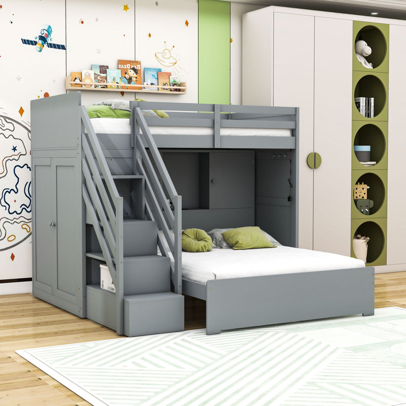 Twin over Full Wooden Loft Bed with Wardrobe, Built-In Shelving, Gray