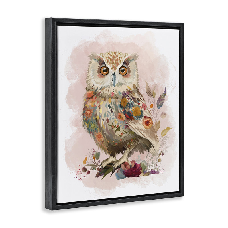 Art mural sur toile Owl & Wild Blooms par Fab Funky, Cadre flottant noir de jais, H 21 po x l 17 po