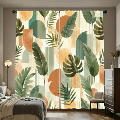 2 pièces de rideaux filtrant la lumière à motif géométrique de feuilles tropicales avec des tons de terre, des formes abstraites, des décorations de style bohème, une conception de passe-tringle facile à suspendre, une décoration de chambre à coucher toutes saisons