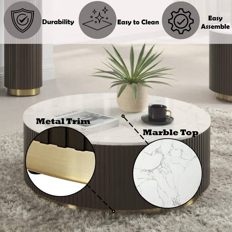 Clayten Round White Marble and Espresso Wood Coffee Table