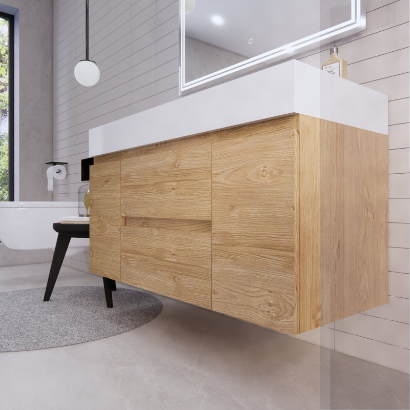 Babajide Bathroom Vanity with Acrylic Top, New England Oak
