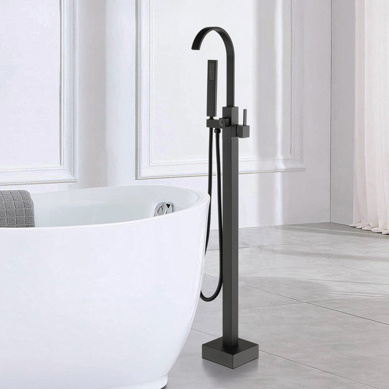 Single Handle Floor Mounted Freestanding Tub Filler with Diverter and Handheld Shower, Black