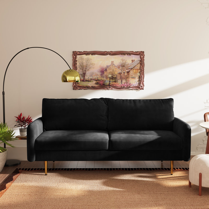 Siniard 70'' Upholstered Sofa, Black Velvet, 33.07" H X 71.65" W X 36.69" D