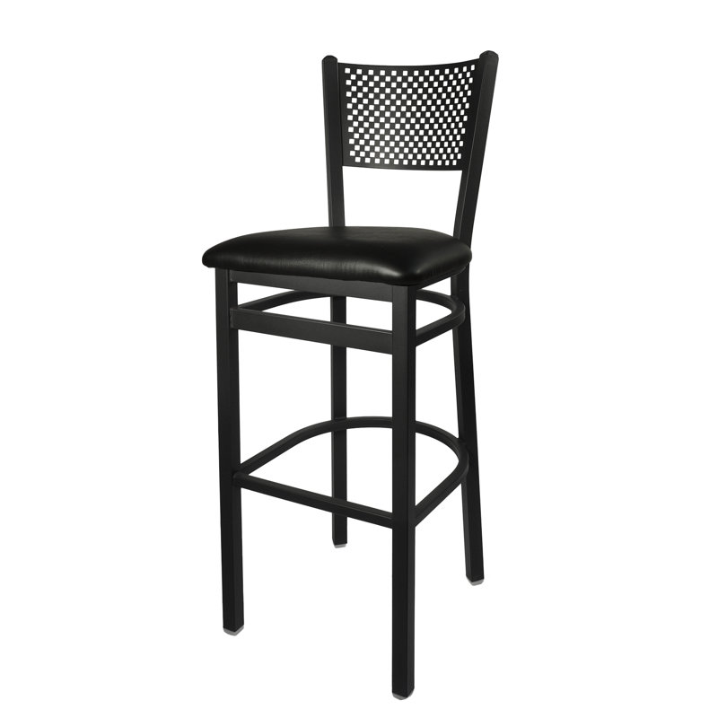 Maynard Perforated Back Barstool - Quick Ship Black Vinyl Seat - Steel Frame - Sand Black Finish