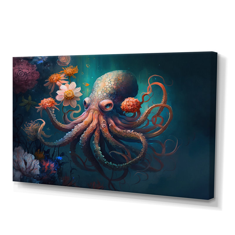 «Octopus in the Ocean with Flowers III», reproduction sur toile, 16" H x 32" W, Toile tendue
