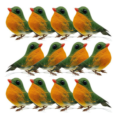 Ensemble de 12 décorations d'oiseaux de merle en feutre artificiel, décorations d'oiseaux orange vert pour arbre de Noël, couronne, décorations de fêtes et décoration de table (ensemble de 12)