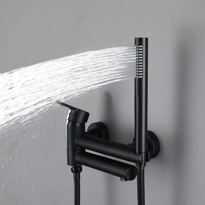 Robinet de baignoire mural en laiton massif noir mat avec bec de baignoire réglable et douche à main, Noir mat
