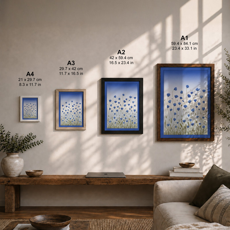 Blue Wildflower Meadow Botanical - Framed Print, A4 - 29.7 x 21.0 cm, Oak
