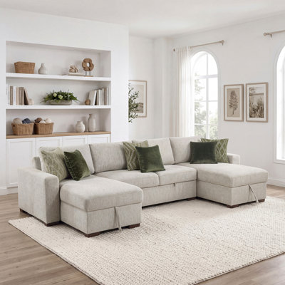 Mischa 143" Modern & Contemporary Microfiber 3-Piece Sectional Sofa with Pull-Out Bed, Two Reversible Chaises & Hidden Storage