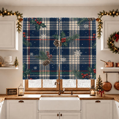 2Pcs Plaid Christmas Curtains, Tartan Buffalo Check Pattern with Pine Cones and Holly Berries, Light Filtering Decorative Window Coverings for Living Room, Bedroom, Holiday Home Decor