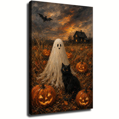 Smiling Ghost And Black Cat In Pumpkin Field With Flying Bats Countryside Sunset Oil Painting Canvas Wall Art