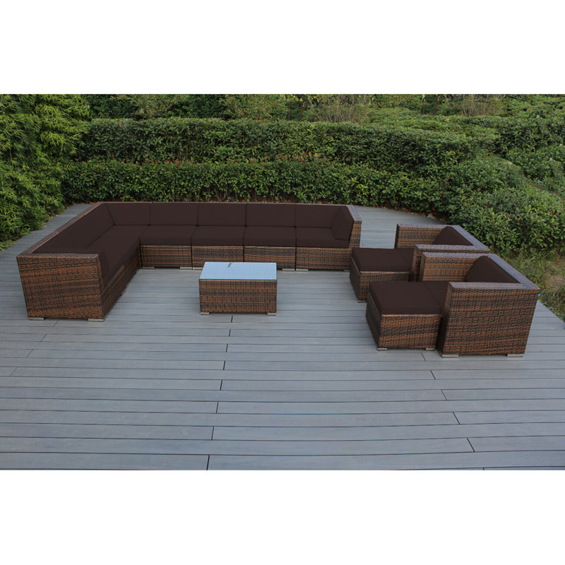 Konen Wicker 8 - Person Seating Group with Cushions - No Assembly, Mixed Brown, Gray Sunbrella® Canvas
