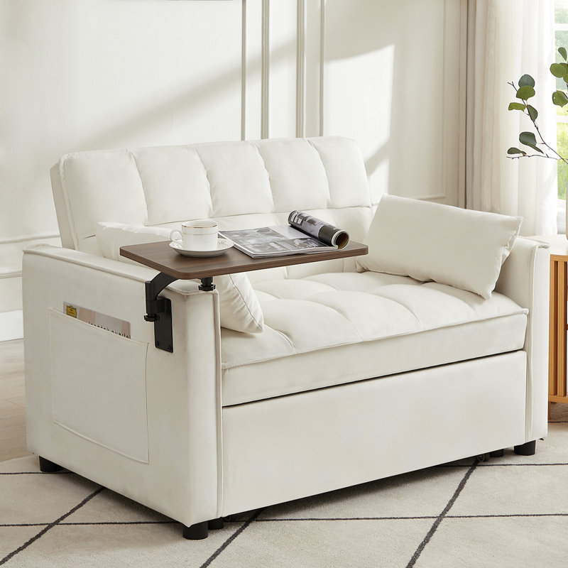 Taliesen Square Arms Loveseat, Sofa Bed, White Velvet, 31.5" H x 47.2" W x 34.2" D