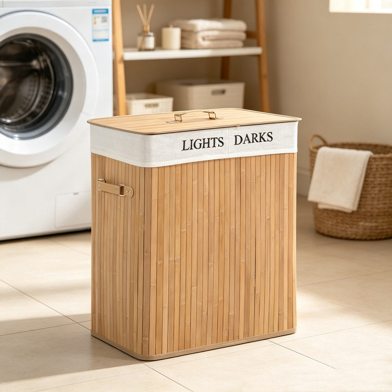 100L Collapsible Natural Wood Laundry Hamper with Lid and Removable Lining, Large Capacity Clothes Washing Basket Storage Box for Bedroom Bathroom, 52x32x63cm