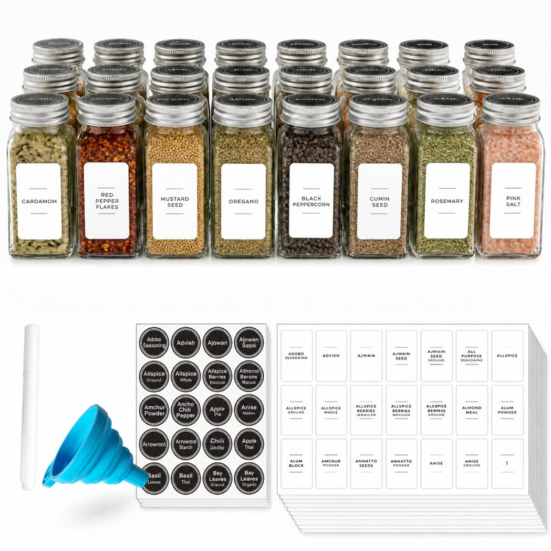 Paquet de 24 pots à épices en verre vides de 4 oz avec étiquettes, autocollants de campagne minimalistes et entonnoir, récipients d'assaisonnement pour support, armoire et tiroir
