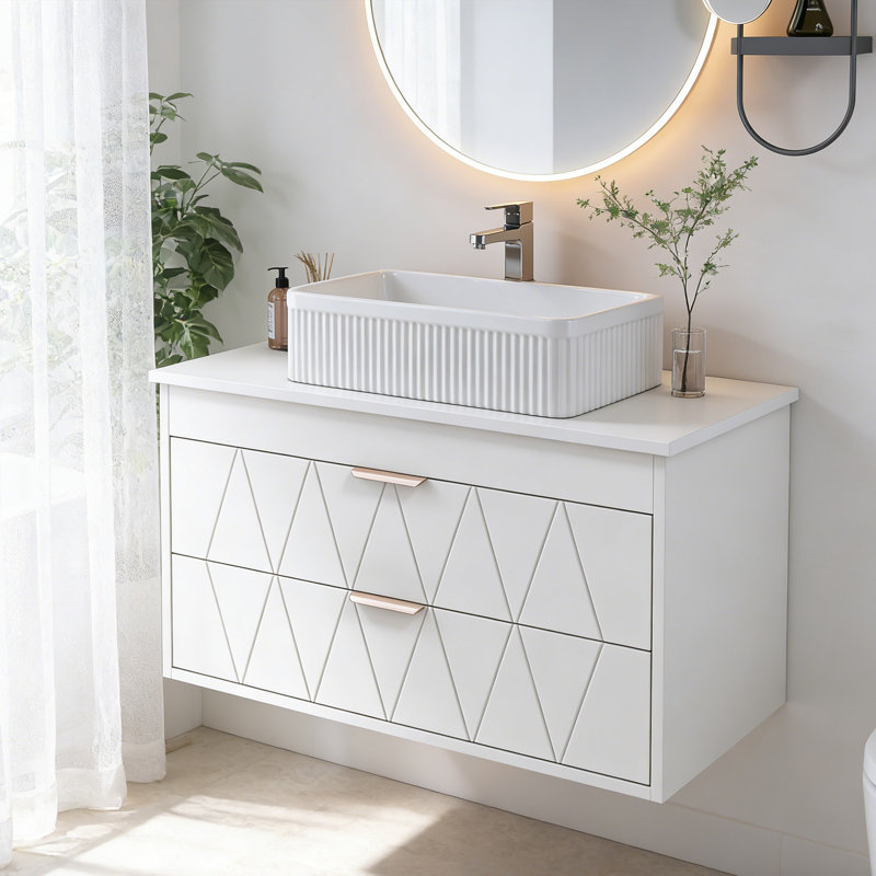 Meuble-lavabo de salle de bain 31,5 po avec tiroir à motif de losanges, meuble-lavabo flottant mural avec vasque en céramique