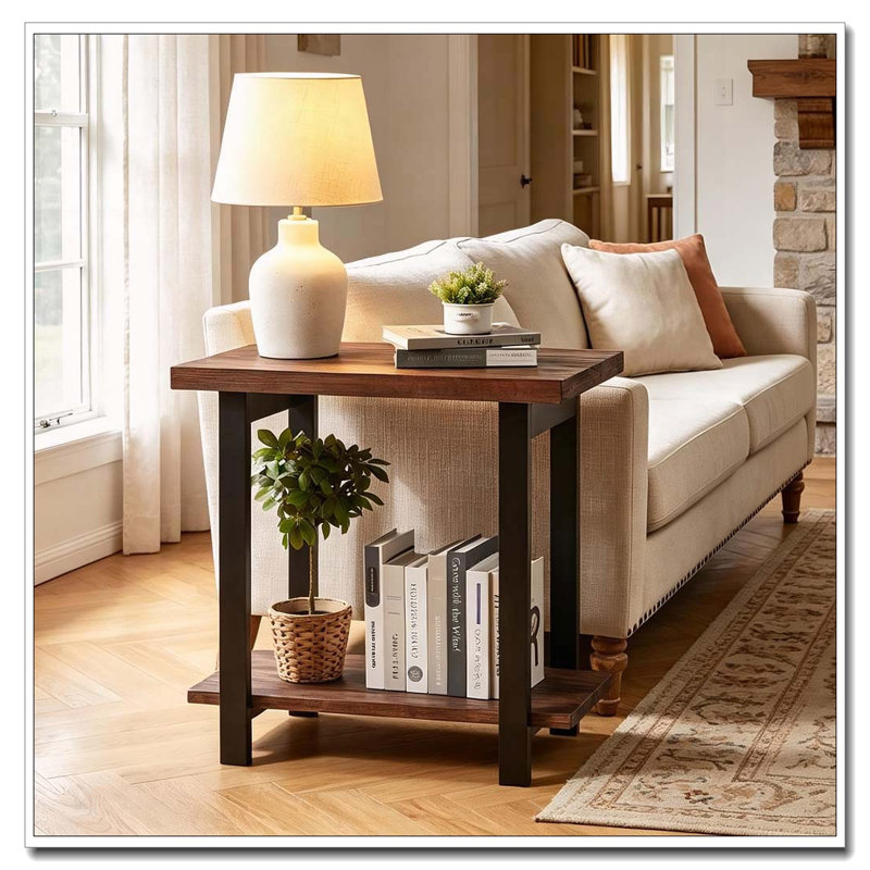 2-Tier Industrial Solid Wood End Table with Leveling Feet