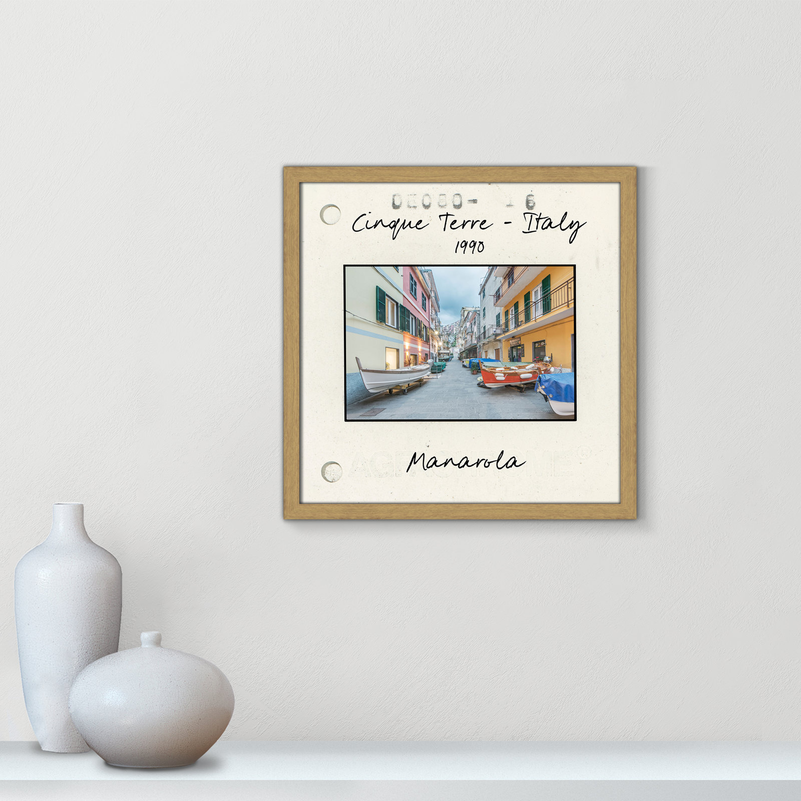 Travel Slide Collection "Cinque Terre - Manarola" Print, 17" H x 17" W x 0.75" D, Natural Single Picture Framed Paper
