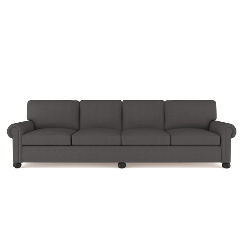 Canapé extra long à panneau roulé avec pieds en oignon Leroy, Ébène, Lin graphite carré, H 36 po x l 120 po x P 43 po