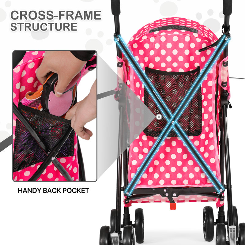 4 Wheel Folding Pet Stroller, Foldable Dog Jogger Stroller with Adjustable Canopy and Mesh Window, White/Pink