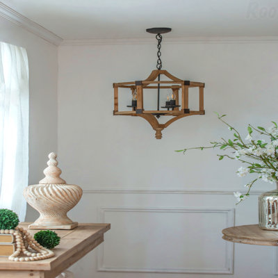 Chandelier - 3-Light Wood Drum Hanging Light Fixture, Adjustable Chain