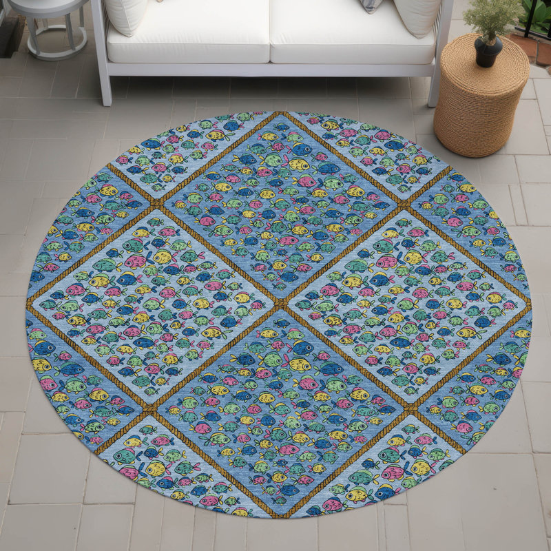 Machine Washable Indoor/Outdoor Chantille ACN2579 Kids Rug, Blue, 8' Round