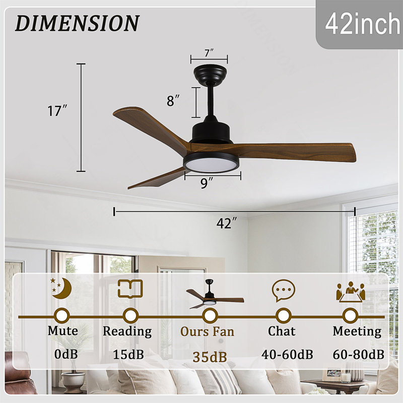 Ventilateur de plafond de 42 pouces avec lumière, pales en bois massif, 2 tiges pour plafond incliné ≤15 °, moteur CC réversible silencieux, application et télécommande, 6 vitesses, minuterie, DEL à spectre complet à intensité variable, pour la chambre à coucher