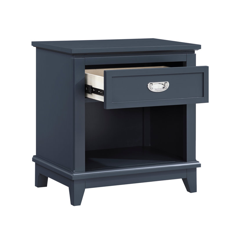 Sely Nightstand, 1 Drawer W Open Cubby, White Wood, Ring Handle, Navy Blue
